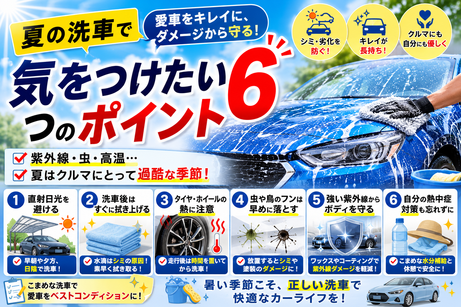 夏の洗車で気をつけたい6つのポイント