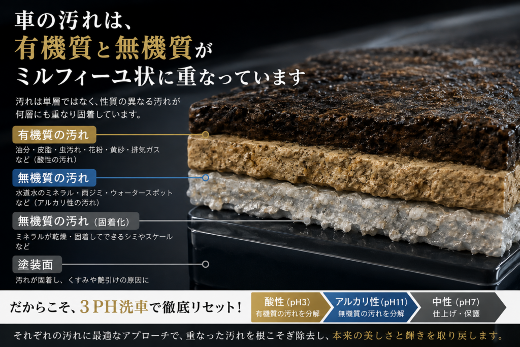 車の汚れは有機質と無機質がミルフィーユ状に重なっています。
