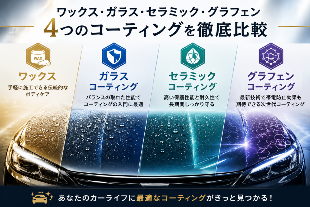 ワックス、ガラス、セラミック、グラフェンコーティングの徹底比較