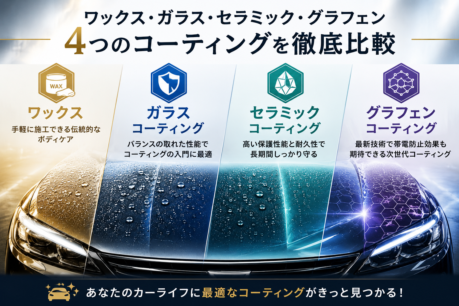 ワックス、ガラス、セラミック、グラフェンコーティングの徹底比較