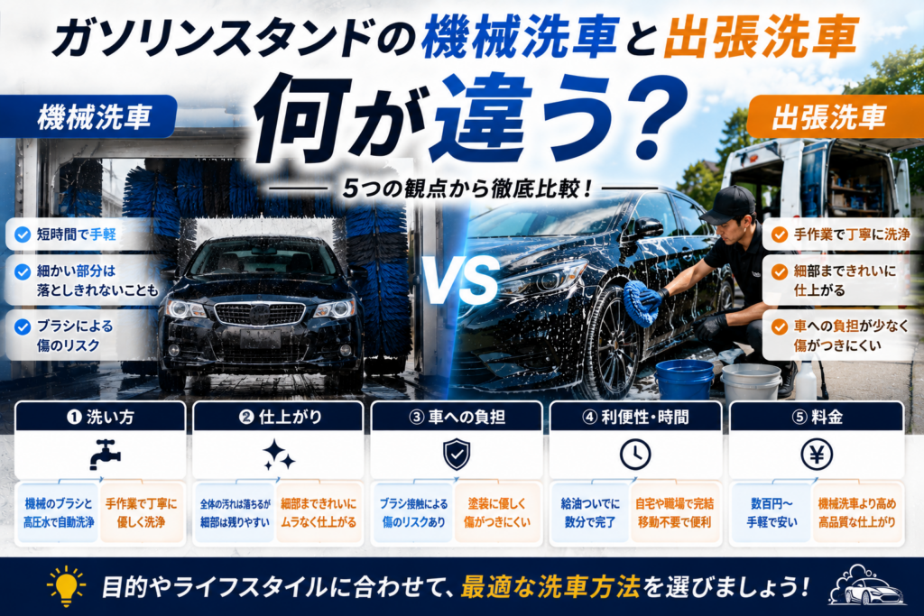 ガソリンスタンドの機械式洗車と出張手洗い洗車の違い